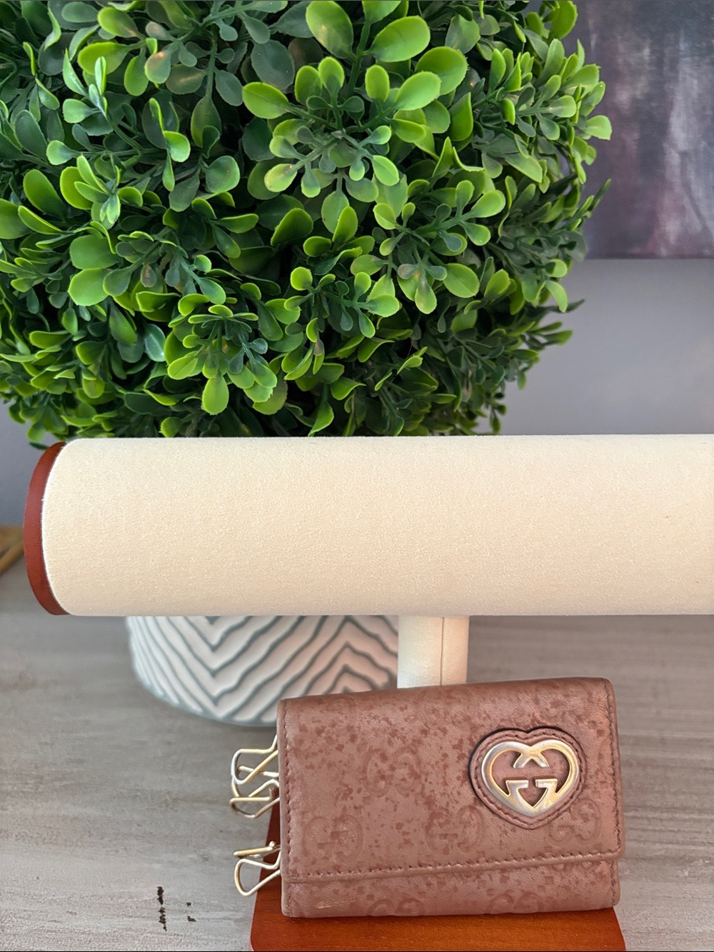 Gucci Pinkish Brown Monogram Heart Logo Key Holder